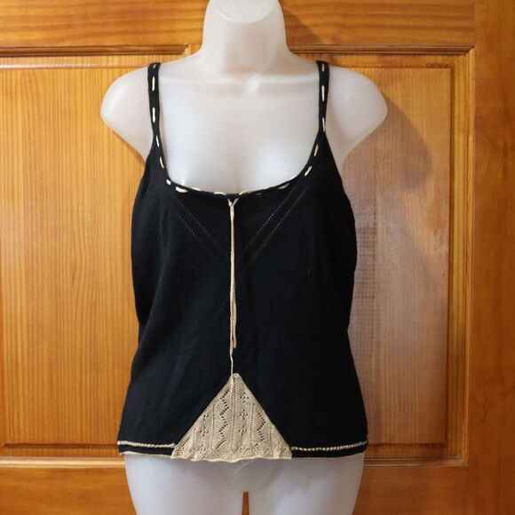 Max Studio Black Tan Cashmere Camisole Tie Front Going Out Top Medium - Picture 2 of 13